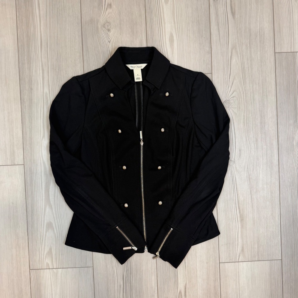 White House Black Market Black Military Zip Front Jacket Silver Buttons Size 6
